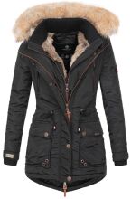 Marikoo Grinsekatze Damen lange Winterjacke mit Kapuze und Kunstfell Schwarz Größe S - Gr. 36