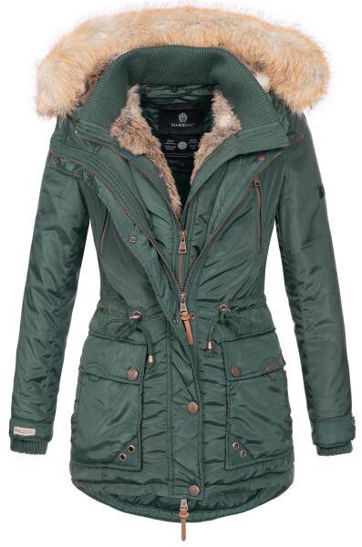 Marikoo Grinsekatze Damen lange Winterjacke mit Kapuze und Kunstfell Grün Größe XS - Gr. 34