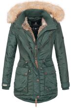Marikoo Grinsekatze Damen lange Winterjacke mit Kapuze und Kunstfell Grün Größe XS - Gr. 34