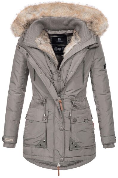 Marikoo Grinsekatze Damen lange Winterjacke mit Kapuze und Kunstfell Grau Größe XS - Gr. 34