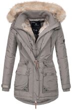 Marikoo Grinsekatze Damen lange Winterjacke mit Kapuze und Kunstfell Grau Größe XS - Gr. 34