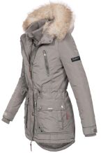 Marikoo Grinsekatze Damen lange Winterjacke mit Kapuze und Kunstfell Grau Größe XS - Gr. 34