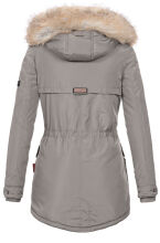 Marikoo Grinsekatze Damen lange Winterjacke mit Kapuze und Kunstfell Grau Größe XS - Gr. 34