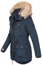 Marikoo Grinsekatze Damen lange Winterjacke mit Kapuze und Kunstfell Navy Größe S - Gr. 36
