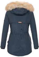 Marikoo Grinsekatze Damen lange Winterjacke mit Kapuze und Kunstfell Navy Größe S - Gr. 36