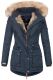 Marikoo Grinsekatze Damen lange Winterjacke mit Kapuze und Kunstfell Navy Größe S - Gr. 36