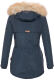 Marikoo Grinsekatze Damen lange Winterjacke mit Kapuze und Kunstfell Navy Größe S - Gr. 36