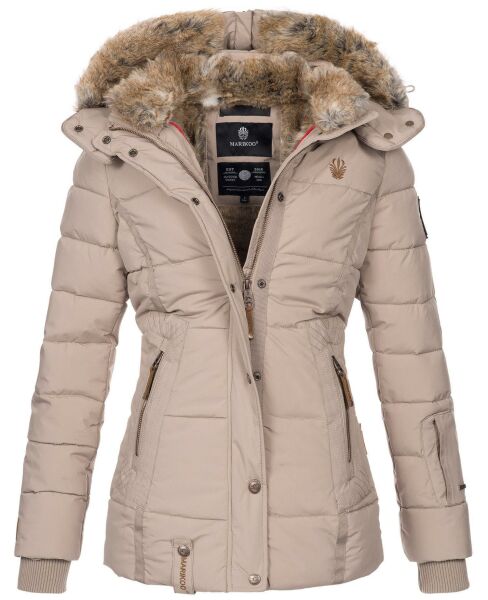 Marikoo Nekoo warm gefütterte Damen Winterjacke mit Kunstfell Taupe Größe M - Gr. 38