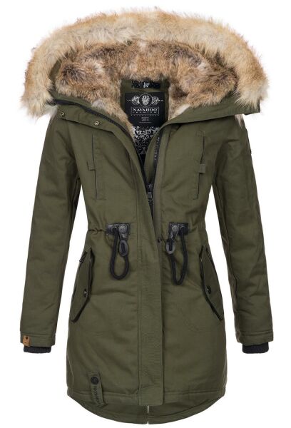 Navahoo Bombii ladies winter jacket long with faux fur - Olive-Gr.XS