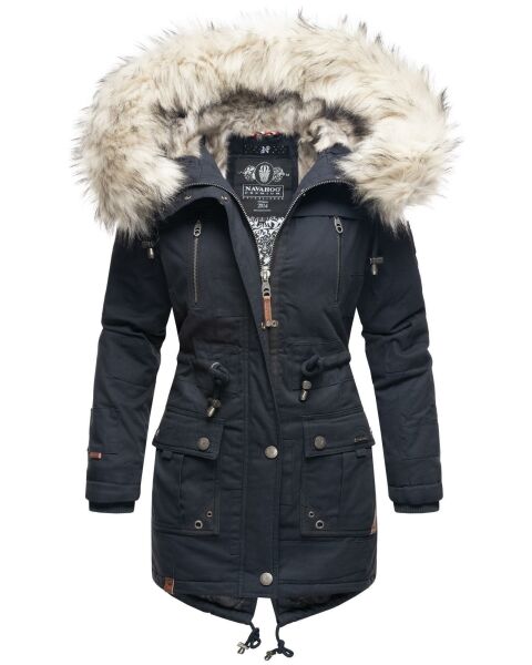 Navahoo Honigfee warme Damen Winterjacke mit Kapuze und Kunstfell Navy Größe XS - Gr. 34