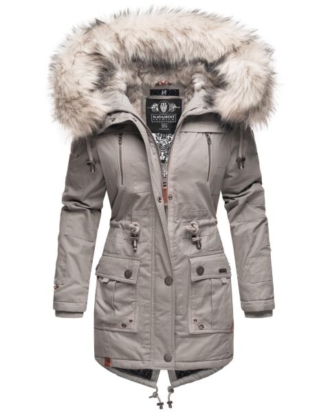 Navahoo Honigfee warme Damen Winterjacke mit Kapuze und Kunstfell Hellgrau Größe XS - Gr. 34