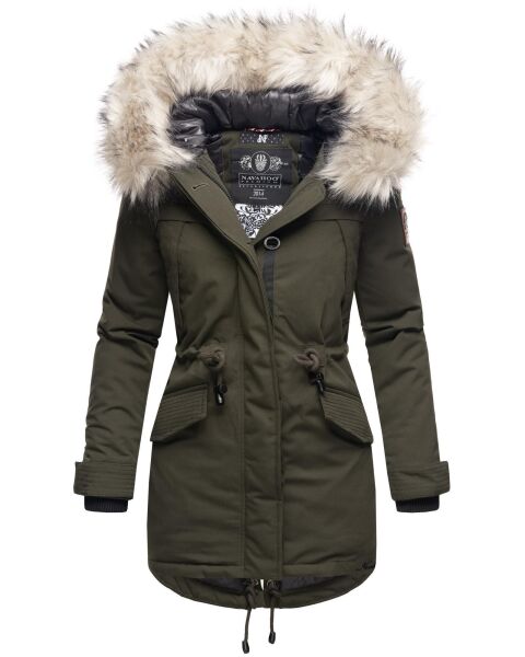 Navahoo Lady Like warme Damen Winterjacke mit Kapuze und Kunstfell Olive Größe XS - Gr. 34