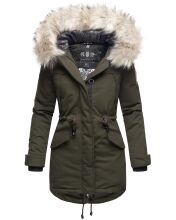 Navahoo Lady Like warme Damen Winterjacke mit Kapuze und Kunstfell Olive Größe XS - Gr. 34