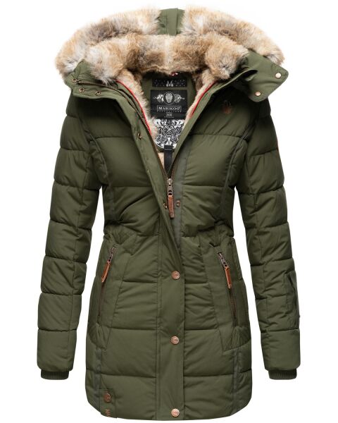 Marikoo warme Damen Steppmantel Winterjacke mit Kapuze Olive Größe XXL - Gr. 44
