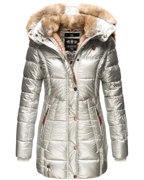 Marikoo warme Damen Steppmantel Winterjacke mit Kapuze Silber Größe XS - Gr. 34