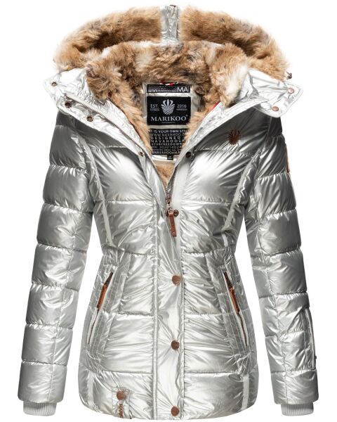 Marikoo Nekoo warm gefütterte Damen Winterjacke mit Kunstfell Silber Größe XS - Gr. 34