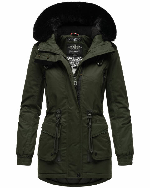 Navahoo Olessaa Damen halblange Winterjacke mit Kapuze Olive S - Gr. 36