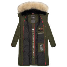 Marikoo Schneesternchen Damen lange Winter Steppjacke mit Kapuze Olive XS - Gr. 34