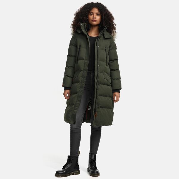 Marikoo Schneesternchen Damen lange Winter Steppjacke mit Kapuze Olive L - Gr. 40