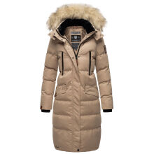 Marikoo Schneesternchen Damen lange Winter Steppjacke mit Kapuze Taupe XS - Gr. 34