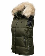 Marikoo Eisflöckchen Damen Winter Steppweste mit Fellkragen Olive XL - Gr. 42