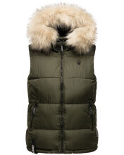 Marikoo Eisflöckchen Damen Winter Steppweste mit Fellkragen Olive XXL - Gr. 44