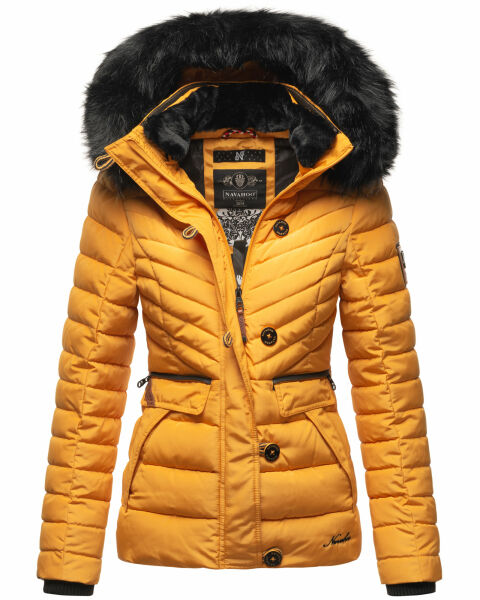 Navahoo Wisteriaa Damen Winter Steppjacke mit Kapuze und Fellkragen Gelb XS - Gr. 34