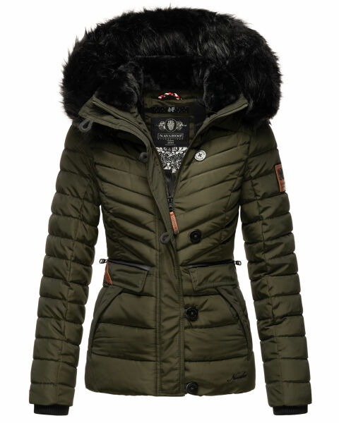 Navahoo Wisteriaa Damen Winter Steppjacke mit Kapuze und Fellkragen Olive XS - Gr. 34