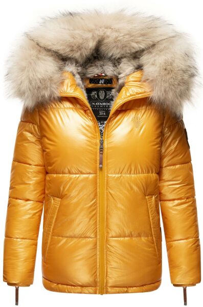 Navahoo Tikunaa Damen Winterjacke mit Kapuze und Kunstfellkragen Gelb Größe XS - Gr. 34