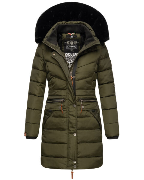 Navahoo Paula Damen Winterjacke Dark Olive - Schwarzes Fell Größe XXL - Gr. 44